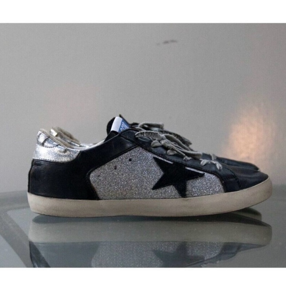 Golden Goose Women's Super-Star Low Top Sneaker Black/Silver Glitter - Size 41
